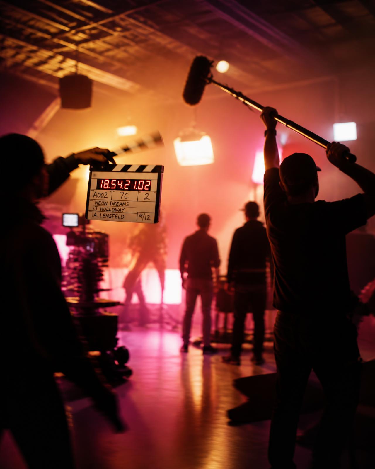 Film crew silhouettes with a clapperboard and boom mic on a lit soundstage