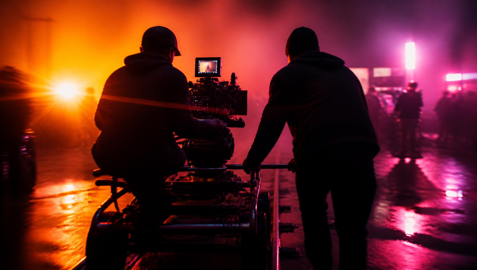 Camera operators pushing a dolly through haze on a cinematic film set